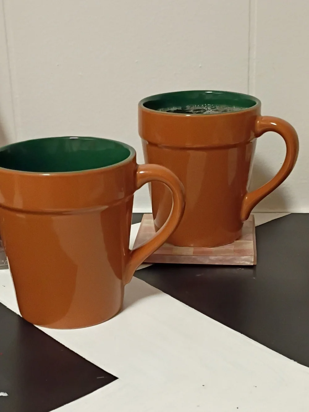 Brown Ceramic Coffee Mugs with Green Interior - Set of 2